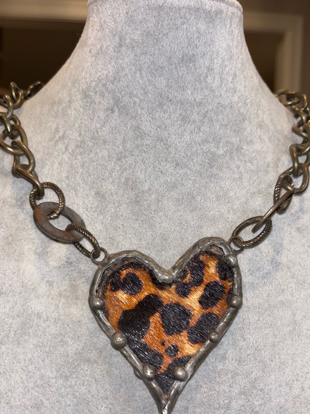 Leopard Print Heart Pendant Necklace - Brown & Black